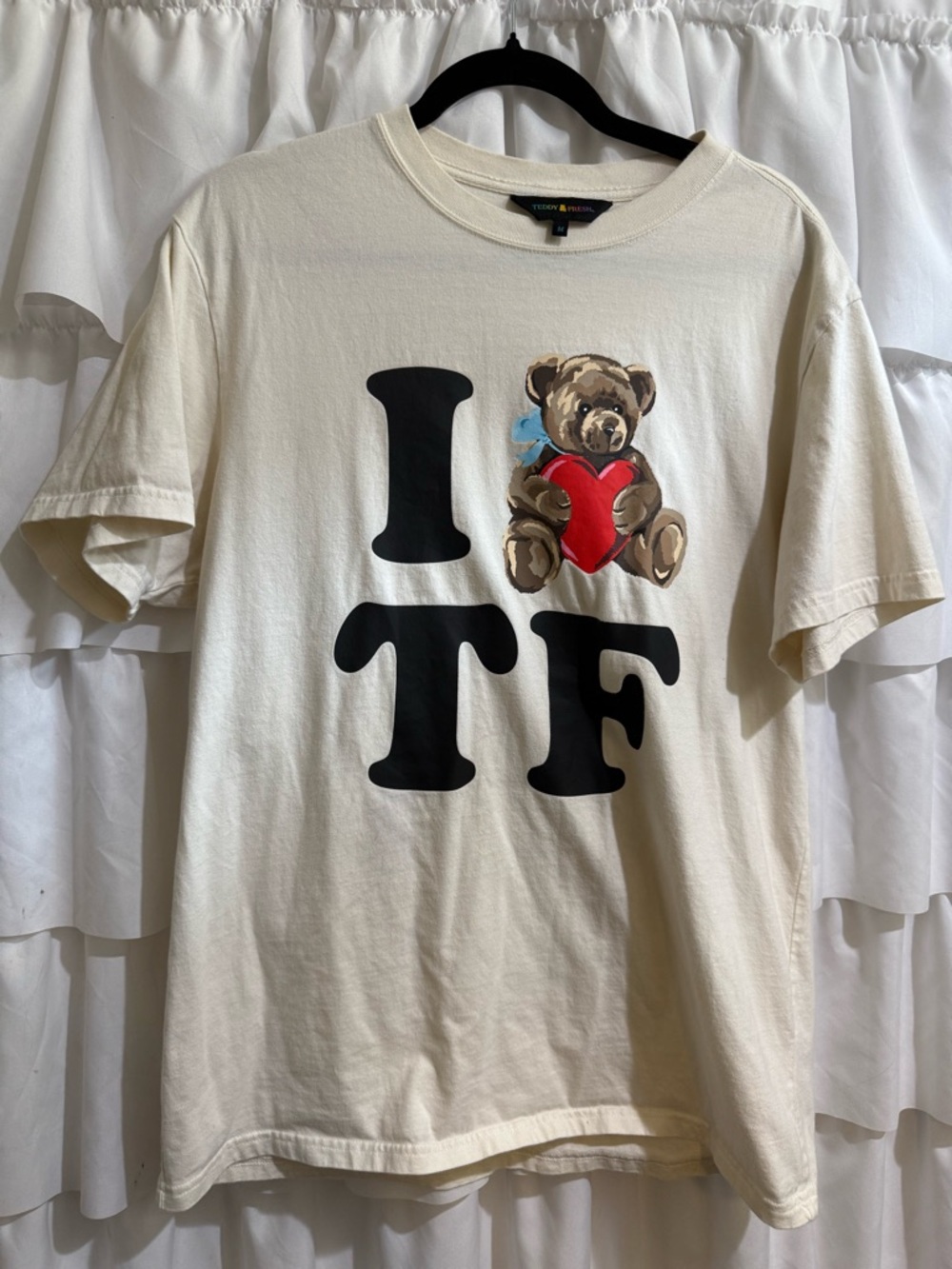 Teddy Fresh Cream Tee with Teddy Bear & Red Heart Graphic